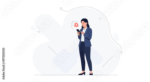 Woman checking phone with notification bell icon, business concept
