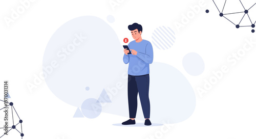 Man looking at phone with notification, modern abstract background, technology concept
