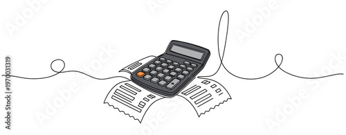 Calculator and receipts resting on minimal white background. no editable stroke