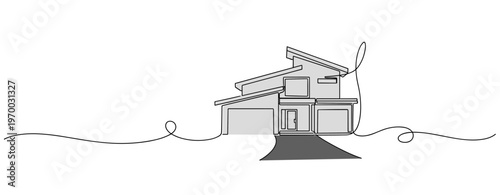 Modern house with garage doors and driveway in outline. no editable stroke