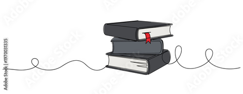 Stack of hardcover books with ribbon bookmark on white. no editable stroke