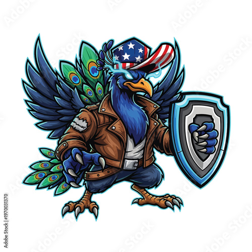 Blue dragon with armor, shield, and American flag hat in heroic stance
