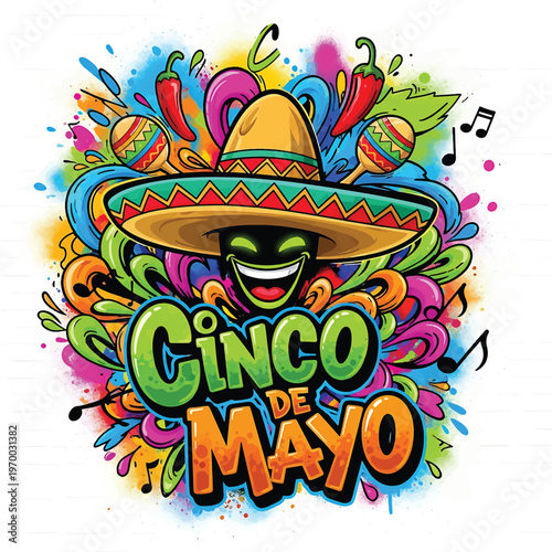 Cinco de Mayo celebration with sombrero masked face and colorful splash