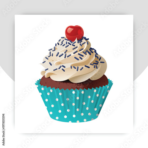 Colorful cupcake with cherry on top and sprinkles in row on pastel background, sweet dessert with creamy frosting and festive decoration, delightful bakery treat,