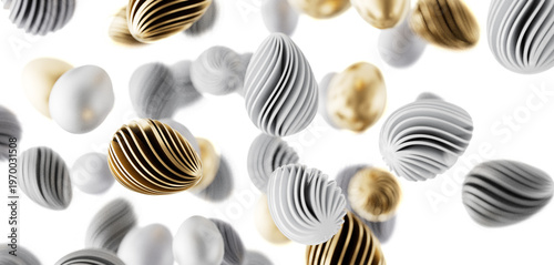 Unique 3D rendered eggs with textured surfaces, floating on a white background, creating a modern, elegant design with a