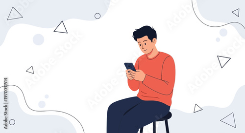 Young Man Using Smartphone While Sitting on a Stool, Abstract Background