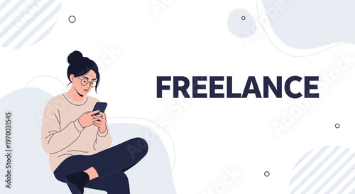 Freelance woman with glasses using smartphone, modern abstract background, remote work concept