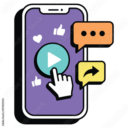Digital Connection: A vibrant illustration showcasing a mobile phone interface with interactive social media icons and message bubbles.