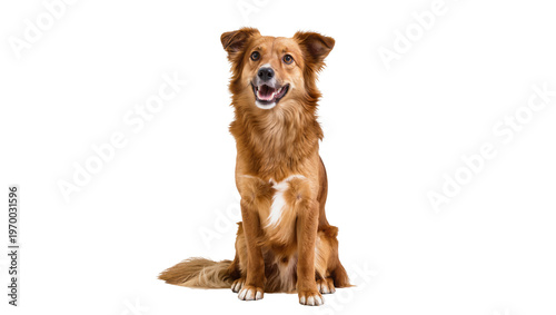 фотографія Golden brown mixed breed dog sitting attentively, displaying fluffy fur and a ha