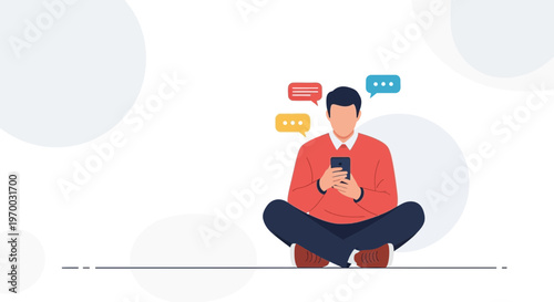 Man Sitting Cross-legged Using Smartphone with Chat Bubbles