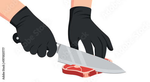 Two gloved hands hold a large silver knife and a piece of raw red meat on a white background.