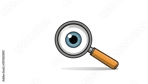 A cartoon magnifying glass with a blue eye is searching for clues on a white background
