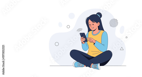 Young Woman Sitting Cross-legged Using Smartphone, Feeling Worried
