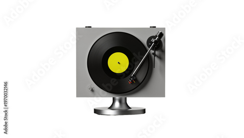 Sleek modern turntable playing glossy black vinyl record, featuring chrome tonearm
