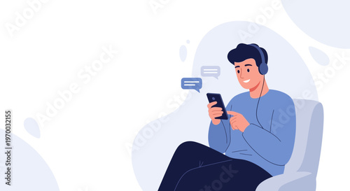 Young man with headphones using smartphone, chatting and listening to music, sitting on a chair