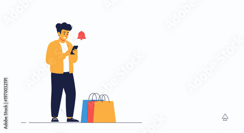Man with smartphone and shopping bags receives notification bell alert