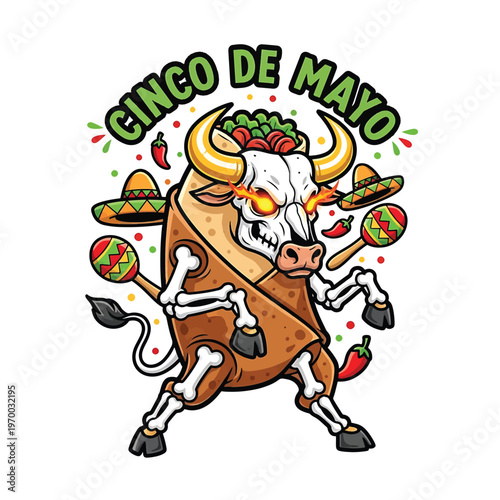 Bull skeleton wearing taco shell armor with fiery eyes and sombrero horns for Cinco de Mayo