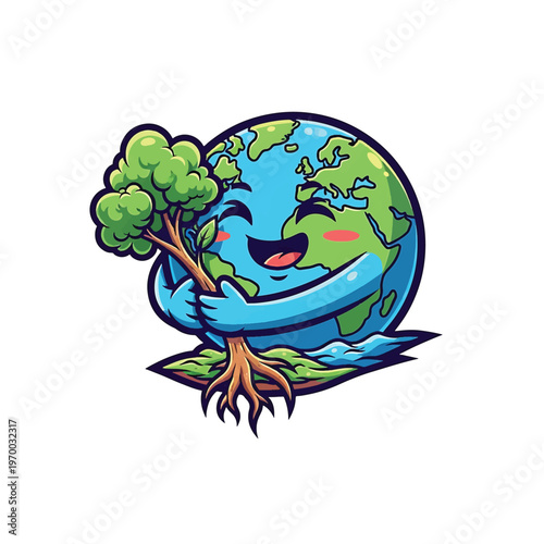 Earth embraces tree in cartoon style with smiling globe