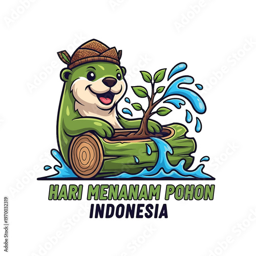 Happy otter on log boat planting a sapling in water Indonesia