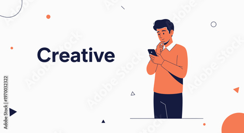 Creative man thinking with phone, modern flat illustration, abstract shapes background