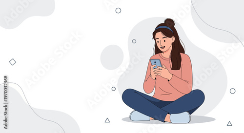 Young woman sitting cross-legged, happily using a smartphone with a modern abstract background.