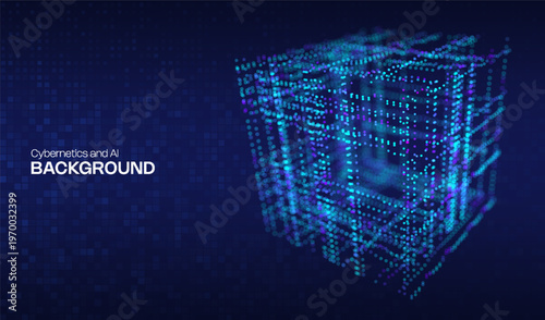 Abstract ai 3D cube digital design background technology and blue geometric element. Design network big data with box science and pattern block cyber. Tech concept abstract with futuristic lines.