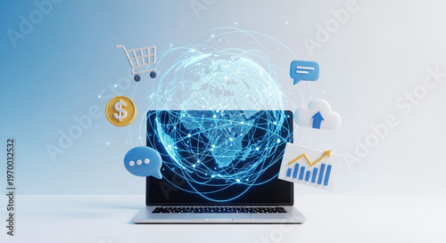 Wallpaper Mural Global Digital Network Business Concept with Laptop and Floating Icons Torontodigital.ca