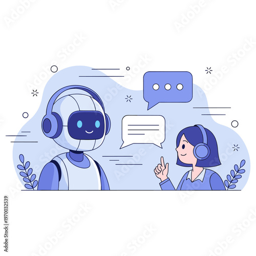 Woman engaging with friendly robot in a conversational interaction scene
