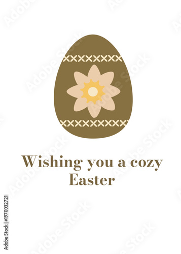Greeting card with decorated Easter egg and "Wishing you a cozy Easter" quote
