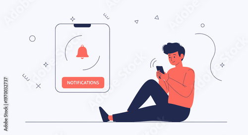 Man using smartphone receiving notification alert on screen, abstract background