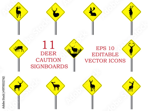 A collection of 11 deer silhouettes eps10 isolated over white background.Elements of sitting and standing deer with different postures ready to use and editable for various artworks.Eps10 vectors icon