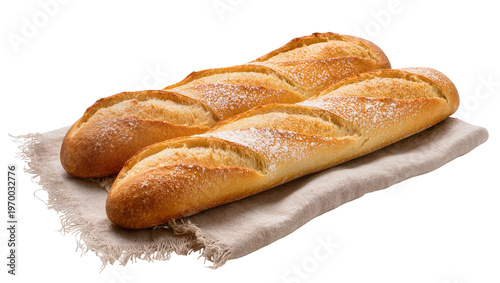 Fotografía Rustic golden baguettes resting on linen cloth, dusted with flour