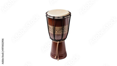 Fotografie Wooden djembe drum with patterned band, featuring a light cream drumhead