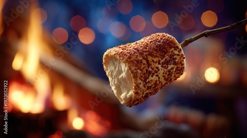 Toasted confection impaled on a stick is heated over a bright outdoor fire.