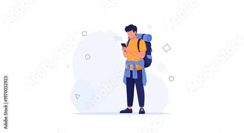 Young male traveler with backpack using smartphone, planning trip, modern flat illustration