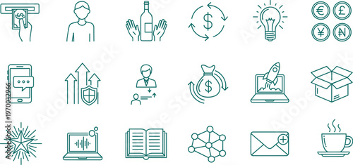 Business and Financial Concept Vector Icon Set Featuring Currency Exchange, Success Strategy, Creative Ideas, Global Communication, Professional Networking, and Growth.