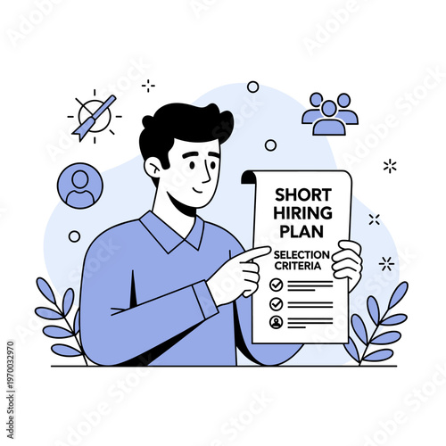 Young caucasian male highlighting hiring plan and selection criteria