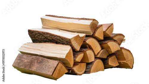 Quadro su tela Stacked rough-hewn firewood logs, displaying natural wood grain and texture