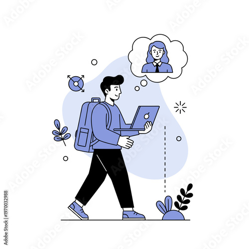 Young asian male student walking with laptop imagining female tutor