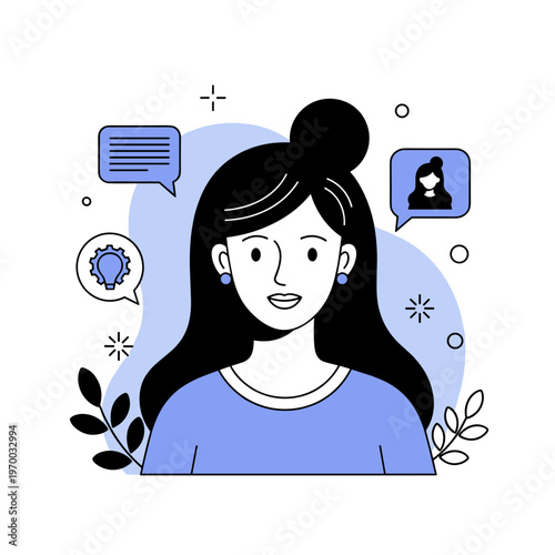 Cartoon illustration of young caucasian woman with dark hair and speech bubbles