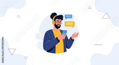 Man with headphones using smartphone for communication and messaging, vector illustration