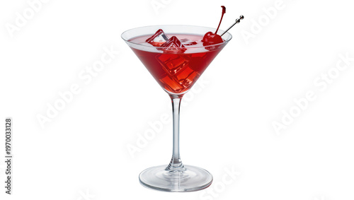 Tableau sur toile Crimson cherry cocktail in stemmed glass, garnished with maraschino cherry and i