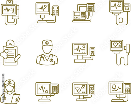 Medical and healthcare line icon set featuring doctors, nurses, clipboards, and electrocardiogram patient monitors for hospital clinic design projects.