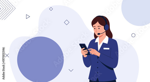 Customer service operator with headset and smartphone, abstract background