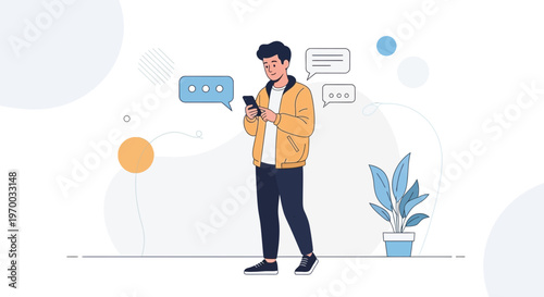 Young man texting on smartphone with speech bubbles, modern flat illustration