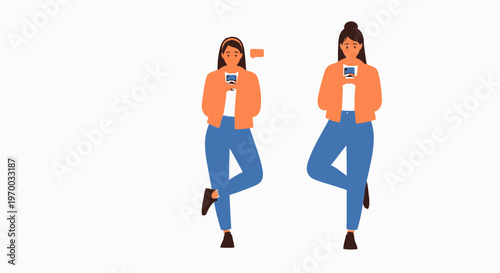 Two women standing and using smartphones, one with a speech bubble