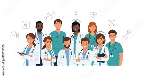 A diverse group of multiethnic healthcare workers including doctors, nurses, and a midwife, stand together in a vector illustration against a white background, showcasing teamwork