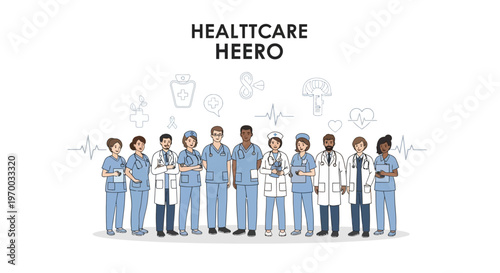 A multiethnic group of healthcare workers, including doctors, nurses, and a midwife, stand together in a vector illustration set against a white background with faint medical icons