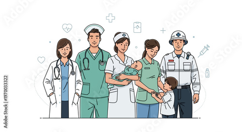 A multiethnic group of essential workers, including a doctor, nurse, midwife, and emergency personnel, stands together against a clean white background in a vector illustration celebrating