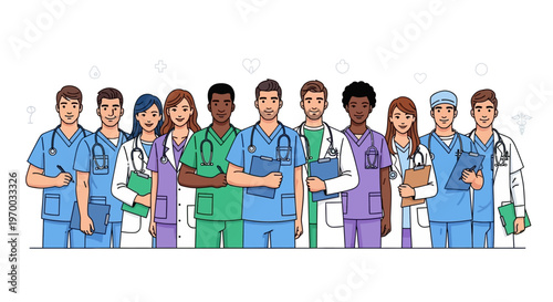 Vector illustration of a diverse group of healthcare workers in scrubs, including doctors, nurses, and midwives, standing together in a hospital setting with a minimalist design
